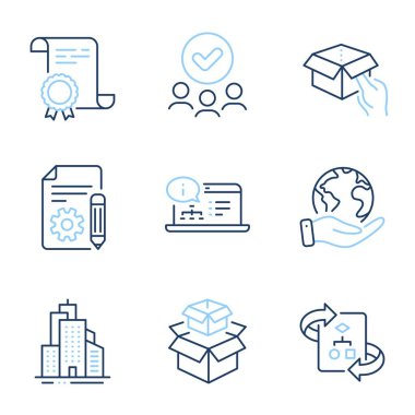 Paketleme kutuları, Bekleme Kutusu ve Teknik algoritma satırı simgeleri ayarlandı. Diploma sertifikası, gezegeni kurtarmak, bir grup insan. Belgeler, çevrimiçi belgeler ve gökdelen binaları tabelaları. Vektör
