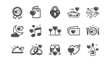 Balayı ikonları ayarlandı. Evlilik yüzükleri, düğün arabası, aşk. Gelin şampanyası, sevgililer günü ikonu. Birkaç bilet, balayı seyahati, evlilik gecesi. Düğün müziği, aşk kilidi. Kaliteli set. Vektör