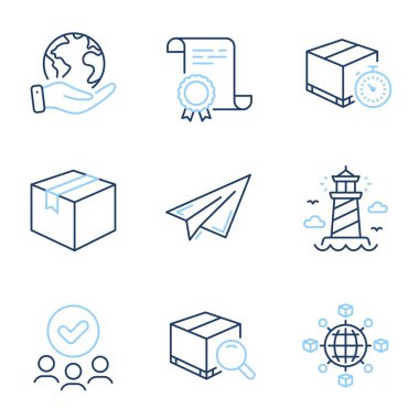 Kağıt uçak, teslimat zamanlayıcısı ve deniz feneri çizgisi simgeleri hazır. Diploma sertifikası, gezegeni kurtarmak, bir grup insan. Paket, Arama Paketi ve Lojistik Ağ İşaretleri. Vektör