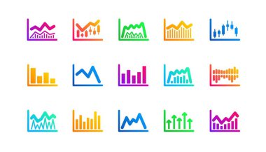Candlestick grafiği, Infochart ve Report diyagramı. Çizelgeler ve grafik simgeleri. Sunum klasik simgesi seti. Gradyan desenler. Kalite işaretleri ayarlandı. Vektör