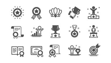 Başarı simgeleri ayarlandı. Kazanan kupa, sertifika, gol hedefi. Ödül, kurdeleli madalya, taç ikonları. Ödül, kazanan podyum, birincilik. Heykel, sertifikalı diploma, meydan okuma. Vektör