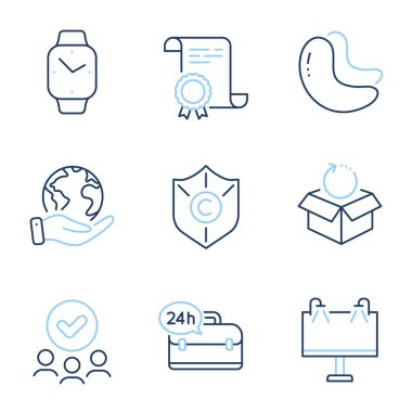 24 saat hizmet, telif hakkı koruması ve Smartwatch çizgi simgeleri ayarlandı. Diploma sertifikası, gezegeni kurtarmak, bir grup insan. Dönüş paketi, yol afişi ve kaju fıstığı tabelaları. Vektör