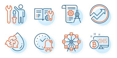 Alarm zili, Bitcoin sistemi ve Böcek belgesi işaretleri. Mühendislik belgeleri, geri dönüşümlü su ve dönme dolap simgeleri ayarlandı. Denetleme, Tamirci sembolleri. Kılavuz, su doldur. İş seti. Vektör
