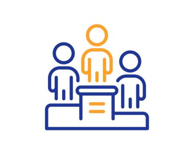 İş podyumu çizgisi ikonu. Eleman adaylığı tabelası. Takım çalışması ödül sembolü. Renkli ince çizgi ana hatları. Doğrusal stil iş podyumu ikonu. Düzenlenebilir felç. Vektör