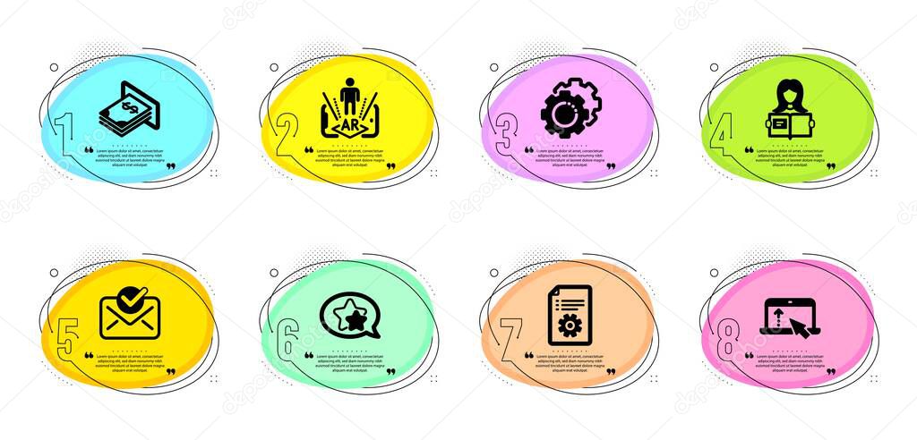 Technical documentation, Approved mail and Woman read signs. Timeline infographic. Star, Swipe up and Augmented reality line icons set. Settings gears, Atm money symbols. Vector