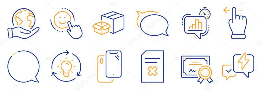 Set of Technology icons, such as Smartphone, Idea. Certificate, save planet. Delete file, Smile, Lightning bolt. Talk bubble, Statistics timer, Speech bubble. Vector