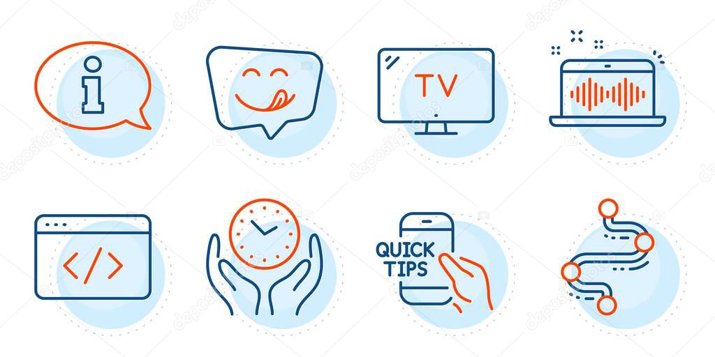 Seo script, Yummy smile and Music making signs. Information, Safe time and Tv line icons set. Timeline, Education symbols. Info center, Hold clock. Technology set. Outline icons set. Vector