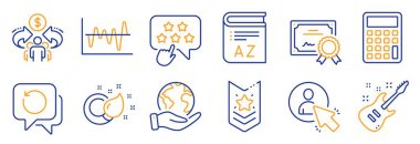 Stok analizi, omuz kayışı gibi eğitim simgeleri. Sertifika, gezegeni kurtar. Boya fırçası, paylaşım ekonomisi, elektro gitar. Hesap makinesi, Kurtarma verisi, Kullanıcı. Vektör