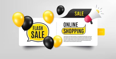 Flaş Satış. Balonlu pankart. Özel fiyat tabelası. Reklam indirimi sembolü. Konuşma balonu megafonu. İnternetten balonlu alışveriş afişi. Hızlı satış promosyonu. Vektör