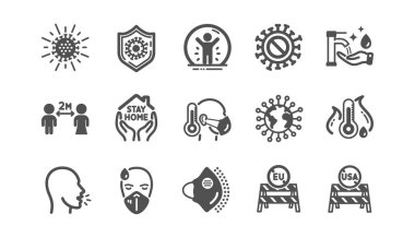 Coronavirüs simgeleri ayarlandı. Tıbbi koruyucu maske, el yıkama hijyeni, kapalı sınırlar. Evde kal, güvenli mesafe, koronavirüs salgını maskesi ikonları. Covid-19 virüs salgını, Amerika sınırlarını kapatıyor. Vektör