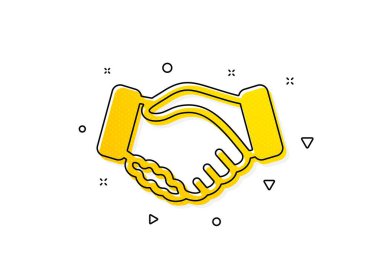 El hareketi işareti. Tokalaşma ikonu. İş anlaşması avuç içi sembolü. Sarı daireler şeklinde. Klasik tokalaşma ikonu. Geometrik elementler. Vektör