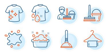 Kirli yer, temiz havlu ve el yıkama tabelaları. Temiz tişört, temizlik servisi ve yıkama tişörtü çizgisi simgeleri. Kova dolusu paspas, Pompa sembolleri. Çamaşır gömleği, paspaslı kova. Vektör