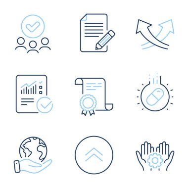 Makale, Kavşak okları ve Çalışan el çizgisi simgeleri ayarlandı. Diploma sertifikası, gezegeni kurtarmak, bir grup insan. Hesaplamaları kontrol ettim, yukarı kaydırdım ve hap işaretlerini kontrol ettim. Vektör