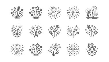 Firework salute line icons set. Christmas explosive pyrotechnic, carnival celebration and festival lights. New year firework set icons. Flash rocket, pyrotechnic effects, christmas salute. Vector clipart
