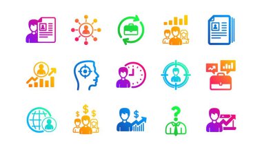 Kafa avcılığı, iş merkezi ve kullanıcı. İnsan kaynakları ikonları. Klasik simge setiyle röportaj yap. Gradyan desenler. Kalite işaretleri ayarlandı. Vektör