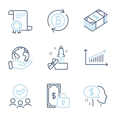 Kullanıcı para birimi, İnovasyon ve Yenileme bitcoin çizgi simgeleri ayarlandı. Diploma sertifikası, gezegeni kurtarmak, bir grup insan. Harita, özel ödeme ve ödeme tabelaları. Vektör