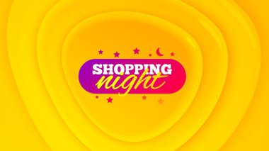 Gece alışveriş rozeti. Geometrik plastik tasarım afişi. İndirimli afiş şekli. Sıcak teklif ikonu. Turuncu şekilli arka plan. Tanıtım amaçlı plastik el ilanı tasarımı. Alışveriş gecesi tanıtım afişi. Vektör