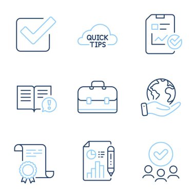 Rapor kontrol listesi, Gerçekler ve Portföy satır simgeleri ayarlandı. Diploma sertifikası, gezegeni kurtarmak, bir grup insan. İşaretli kutucuk, rapor belgesi ve Hızlı ipuçları. Vektör