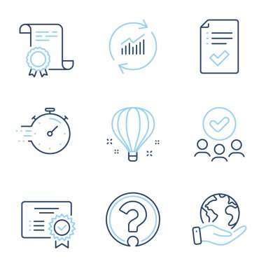 Soru işareti, Zamanlayıcı ve Güncelleme veri satırı simgeleri ayarlandı. Diploma sertifikası, gezegeni kurtarmak, bir grup insan. Sertifika, onaylanmış kontrol listesi ve hava balonu tabelaları. Vektör