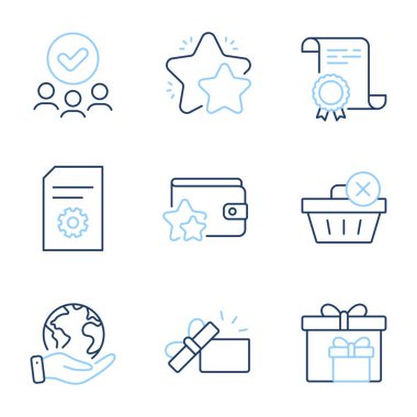 Açılan hediye, teslimat kutuları ve Sadakat programı çizgisi simgeleri ayarlandı. Diploma sertifikası, gezegeni kurtarmak, bir grup insan. Yıldız, Dosya Ayarları ve Satın Alma İşaretleri. Vektör