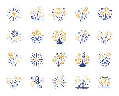 Firework salute line icons. Carnival celebration, christmas explosive pyrotechnic and festival lights. New year firework set icons. Flash rocket, pyrotechnic effects, christmas salute. Vector clipart