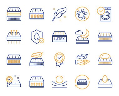 Mattress line icons. Breathable, washable, latex. Memory foam, pillow, bed tick icons. Light weight, natural material, pocket sprung mattress. Bed mite, antiallergic latex. Vector clipart