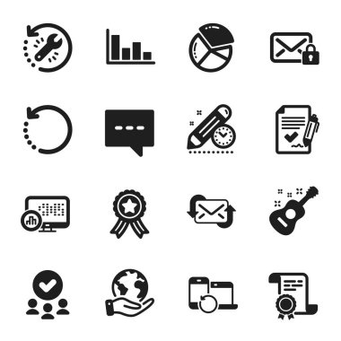Güvenli posta gibi bir dizi eğitim simgesi, onaylanmış anlaşma. Sertifika, onaylı grup, gezegeni kurtarma. Postayı yenile, istatistikleri rapor et, projenin son teslim tarihi. Blog, Gitar, Turta Çizelgesi. Vektör