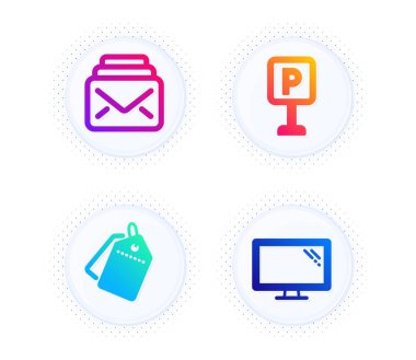 Satış etiketleri, park ve posta simgeleri, basit set. Yarım tonlu noktalı düğme. Monitör işareti. İndirim etiketleri, otopark, yeni mesajlar. Bilgisayar bileşeni. İş seti. Gradyan daire satış etiketleri simgesi. Vektör