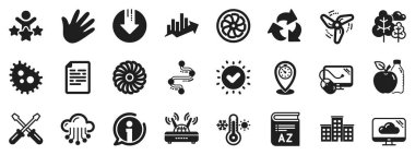 Türbin, Rüzgar, Termostat simgeleri. Şirket binası, Kelime Hazinesi, Kâr zaman çizelgesi simgeleri. Ağaç, bakteri, sağlıklı yiyecekler. Şirket şeması, rüzgar türbini. Bulut hizmetleri, zaman çizelgesi, indirme. Vektör