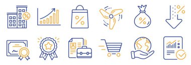 Düşük yüzde, rüzgar enerjisi gibi finans simgeleri. Sertifika, gezegeni kurtar. Grafik çizelgesi, hesaplanmış hesaplama, boşluk. Sadakat ödülü, teslimat alışverişi, kredi. Vektör