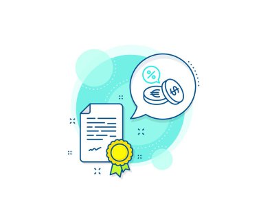 Bankacılık işareti. Sertifika kompleksi simgesi. Madeni para çizgisi simgesi. Euro ve Dollar Cash sembolleri. Nakit para servisi. Sertifika veya diploma belgesi. Döviz kurları tabelası. Vektör