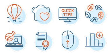 Kaydırın, grafiği ve hava balonu işaretleri azalıyor. Organik test, çevrimiçi kimya ve sertifika çizgisi simgeleri ayarlandı. Web dersleri, yemek pişirme sembolleri. Biyolojik malzemeler, laboratuvar şişesi. Vektör