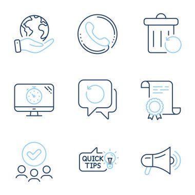 Kurtarma verileri, Megafon ve Eğitim fikir çizgisi simgeleri ayarlandı. Diploma sertifikası, gezegeni kurtarmak, bir grup insan. Seo zamanlayıcı, çağrı merkezi ve çöp toplama tabelaları. Vektör