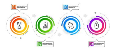 Smartphone istatistikleri ve su geçirmez hat simgeleri ayarlandı. Bilgisel zaman çizelgesi. Madalya kazanan işareti. Kaydırma sayfası, cep telefonu işi, telefon. Kıdemli yıldız. Teknoloji hazır. Vektör