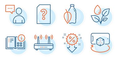 Kullanıcı sohbeti, su şişesi ve bitkiler sulama işaretleri. Bilinmeyen dosya, Wifi ve Komut satırı simgeleri ayarlandı. Artırılmış gerçeklik, İndirim sembolleri. Soru işaretli doktor, internet yönlendiricisi. Vektör