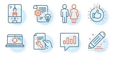 Seo laptop, Crane pençe makinesi ve el işaretleri gibi. Analitik sohbet, çark ve tuvalet çizgisi simgeleri ayarlandı. Belgeleri onar, sözleşmeleri imzala. İletişim konuşma balonu, fikir ampulü. Vektör