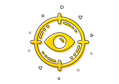 Gözcü kliniği tabelası. Göz hedef simgesi. Optometri görme sembolü. Sarı daireler şeklinde. Klasik göz hedef ikonu. Geometrik elementler. Vektör