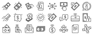 Para transferi seti, posta simgeleriyle telefon ve kredi kartıyla ödeme. Ödeme cüzdanı çizgisi simgeleri. Çevrimiçi ödeme, dolar değişimi ve hızlı para gönderme. Özel ödeme, Cash and Wallet. Vektör