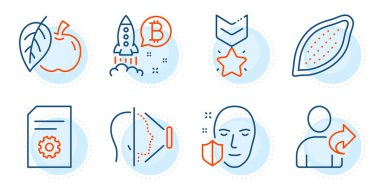 Kakao fındığı, kazanan madalya ve yüz tanımlama tabelaları. Arkadaş, Apple ve File ayarları satır simgeleri ayarlandı. Yüz koruması, Bitcoin proje sembolleri. Paylaş, Fruit. İş seti. Taslak simgeleri ayarlandı. Vektör