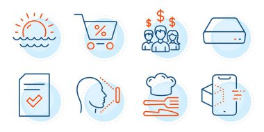 Artırılmış gerçeklik, kontrol edilen dosya ve yüz tanımlama işaretleri. Günbatımı, özel teklif ve maaşlı çalışan hattı simgeleri ayarlandı. Mini bilgisayar, gıda sembolleri. Hava güneşli, indirimli. İş seti. Taslak simgeleri ayarlandı. Vektör