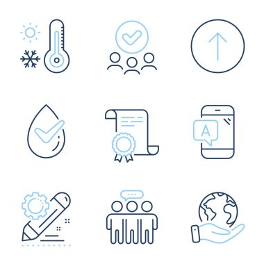 Kaydırın, dermatolojik olarak test edin ve çalışanların grup simgeleri ayarlandı. Diploma sertifikası, gezegeni kurtarmak, bir grup insan. Ab testi, proje düzenleme ve hava durumu termometresi. Vektör