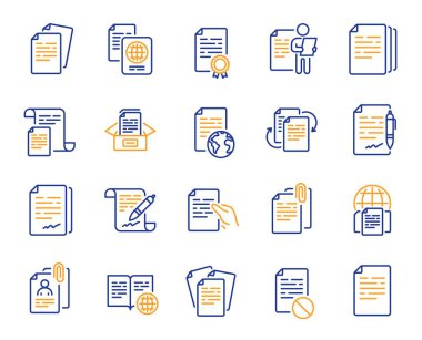 Belgeler satır simgeleri. Dosyaları kopyala, sözleşme anlaşması, pasaport. Özgeçmiş röportajı, belgelerin iş akışı, eklenti klipsleri. Dosyaları değiştir, yanlış belge, bürokrasi ve sözleşme imzasını değiştir. Vektör