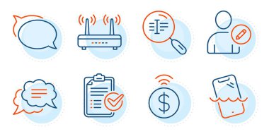 Temassız ödeme, kısa mesaj ve kullanıcı işaretlerini düzenle. Konuşma balonu, Gözlem listesi ve Arama metin satırı simgeleri ayarlandı. Wifi, Smartphone su geçirmez semboller. Sohbet mesajı, rapor. Teknoloji hazır. Vektör