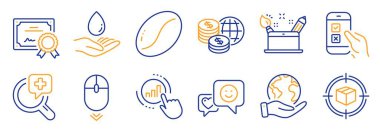 Tıbbi analizler gibi bir dizi iş ikonu, aşağıya kaydır. Sertifika, gezegeni kurtar. Yaratıcılık konsepti, su bakımı, dünya parası. Mobil inceleme, grafik çizelgesi, kahve çekirdekleri. Vektör