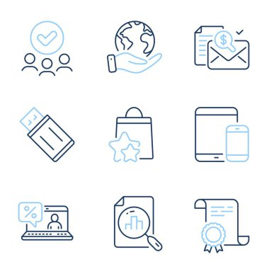 Çevrimiçi kredi, Analitik Grafik ve Bağlılık noktaları çizgi simgeleri ayarlandı. Diploma sertifikası, gezegeni kurtarmak, bir grup insan. Usb flash, muhasebe raporu ve mobil cihazlar işaretleri. Vektör