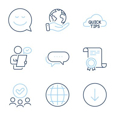 Hızlı ipuçları, Gülümse ve Küre çizgisi simgeleri hazır. Diploma sertifikası, gezegeni kurtarmak, bir grup insan. Aşağı in, Müşteri Anketi ve Noktalar mesaj tabelaları. Faydalı numaralar, sohbet duygusu, internet dünyası. Vektör