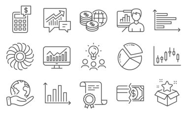 Finans simgeleri kümesi, sunum tahtası, hesap makinesi gibi. Diploma, fikirler, gezegeni kurtarmak. Pasta çizelgesi, yatay çizelge, ödeme yöntemleri. Şamdan grafiği, fan motoru, istatistik. Vektör