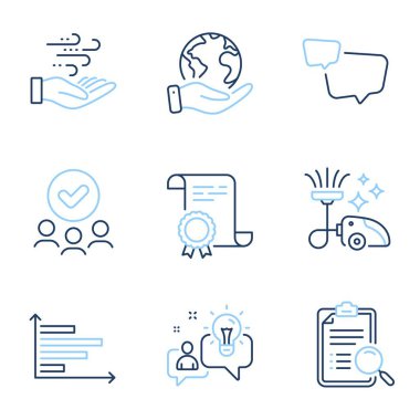 Elektrik süpürgesi, yatay şema ve fikir çizgisi simgeleri ayarlandı. Diploma sertifikası, gezegeni kurtarmak, bir grup insan. Arama analizi, konuşma balonu ve rüzgar enerji işaretleri. Vektör