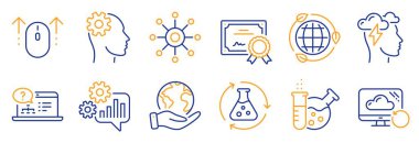 Cogwheel gibi bir takım bilim simgeleri, Swipe up. Sertifika, gezegeni kurtar. Kimya deneyi, kimya laboratuvarı, farkındalık stresi. Çevrimiçi enerji, yardım, Mühendislik. Vektör