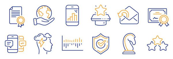 Set of Education icons, such as Column diagram, Smartphone sms. Certificate, save planet. Send mail, Confirmed, Certificate. Marketing strategy, Graph phone, Mindfulness stress. Vector